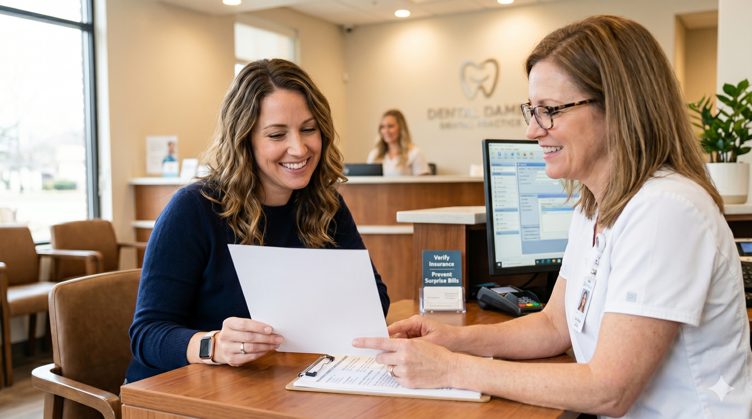 Dental manager showing patient what's included in their bill